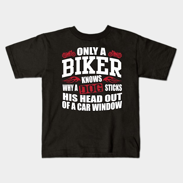 Biker sticks head out of window Kids T-Shirt by nektarinchen